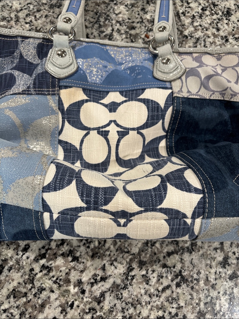 Coach Patchwork Signature Tote in Blue and Cream with Silver Trim - Picture 9 of 12